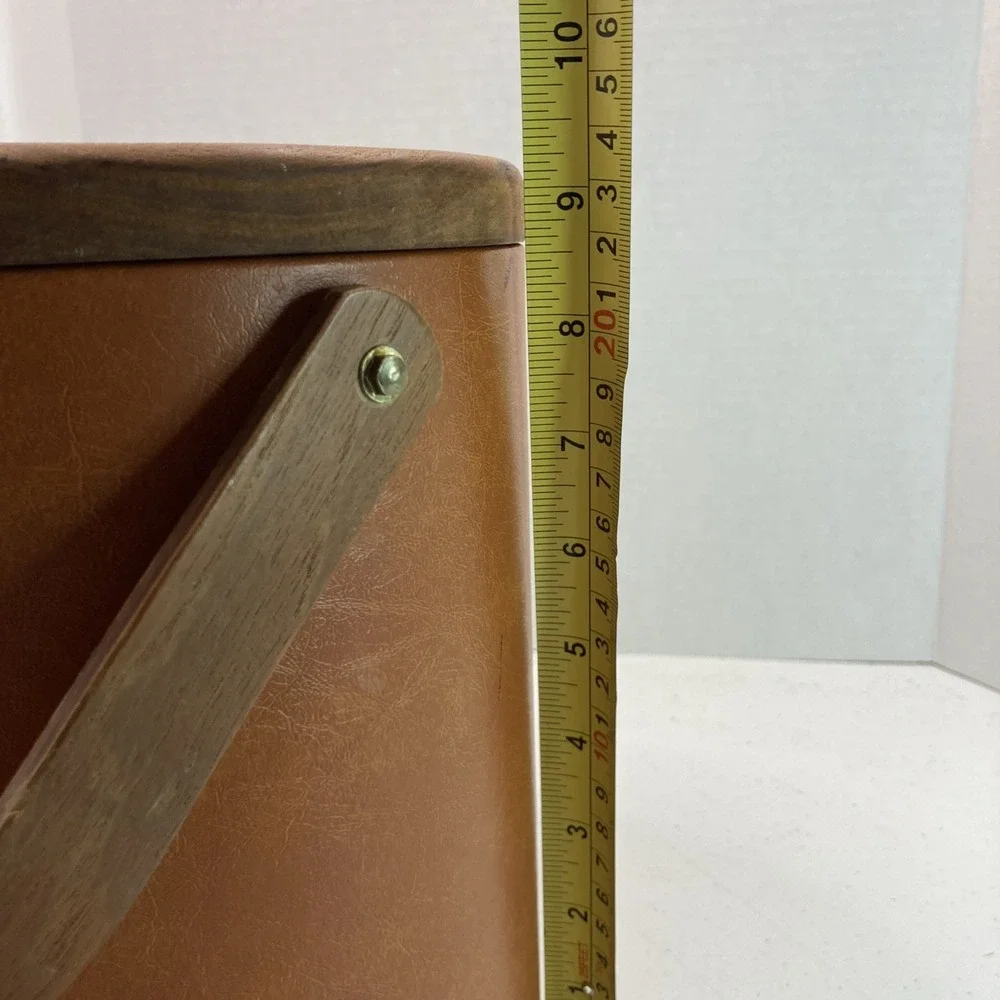 Vintage MCM Bar George Briard Leather Shell Vinyl Ice Bucket‎ Wooden Handle 60's